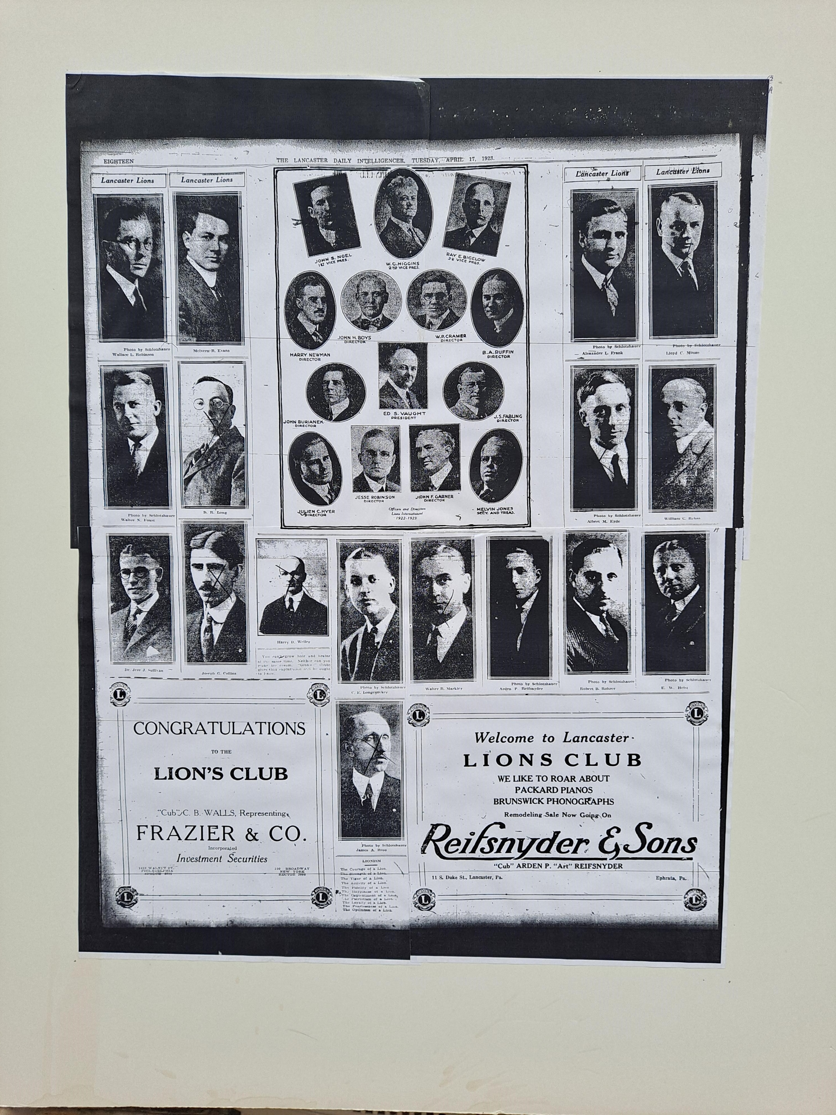 Lancaster Daily Intelligencer 1923 — charter edition page showing founding member portraits and community advertisements