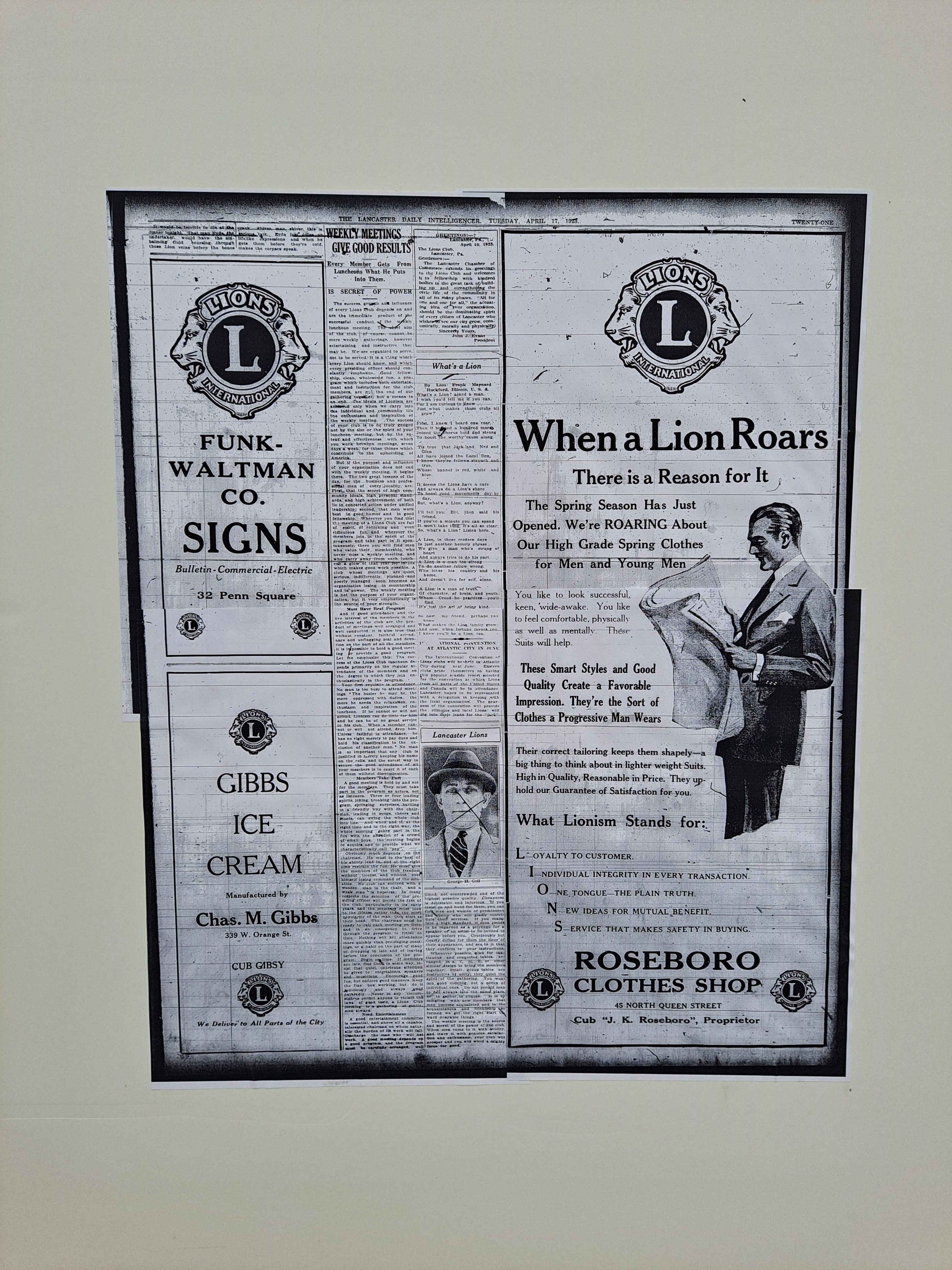 Lancaster Daily Intelligencer 1923 — Lions Club charter edition page with member portraits and local business ads
