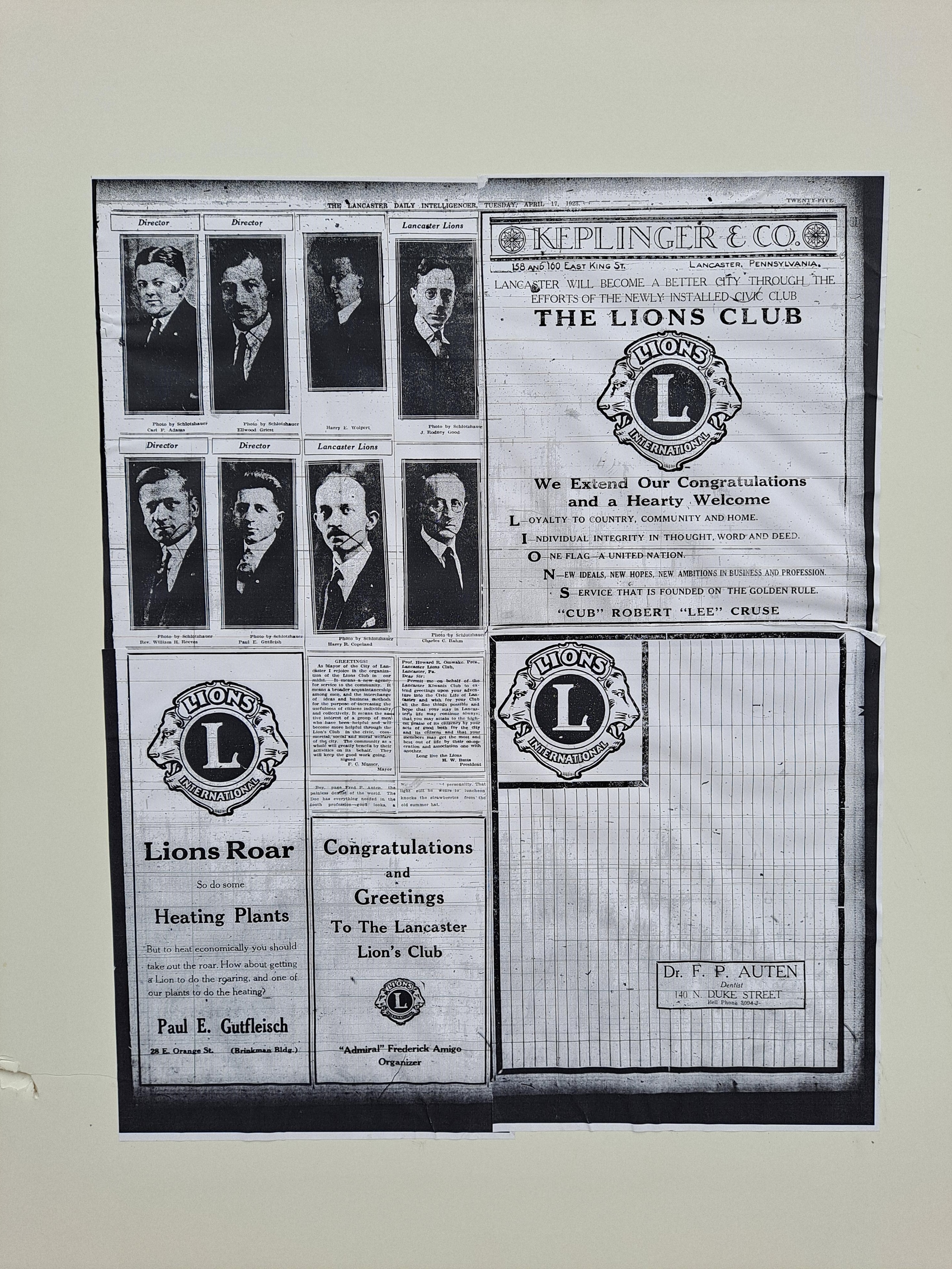 Lancaster Daily Intelligencer 1923 — Lions Club charter edition page with additional member portraits and congratulations